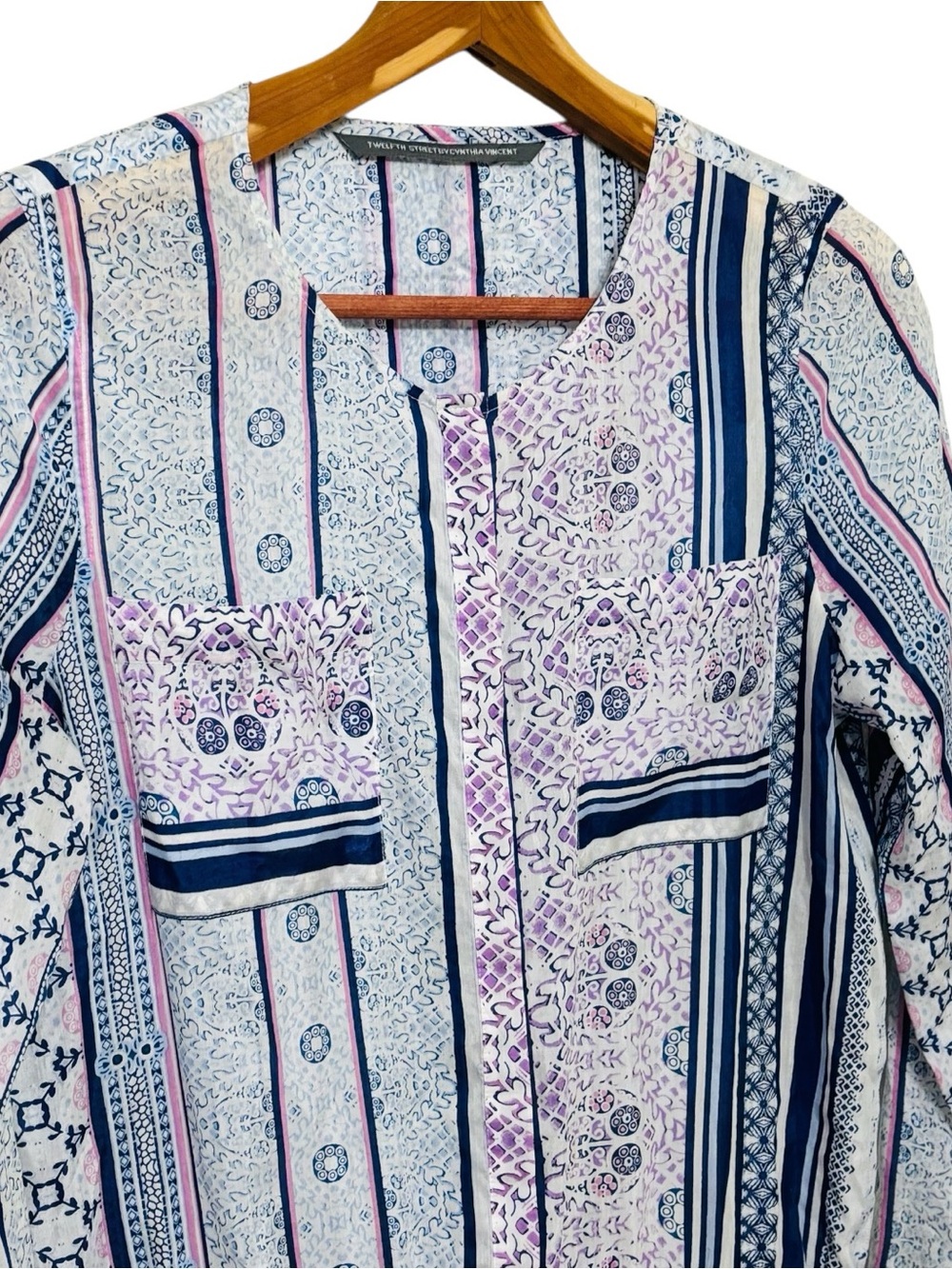 Twelfth Street Cynthia Vincent Cotton Silk Romper M Boho Blue Pink Tassel Fringe - Picture 10 of 16